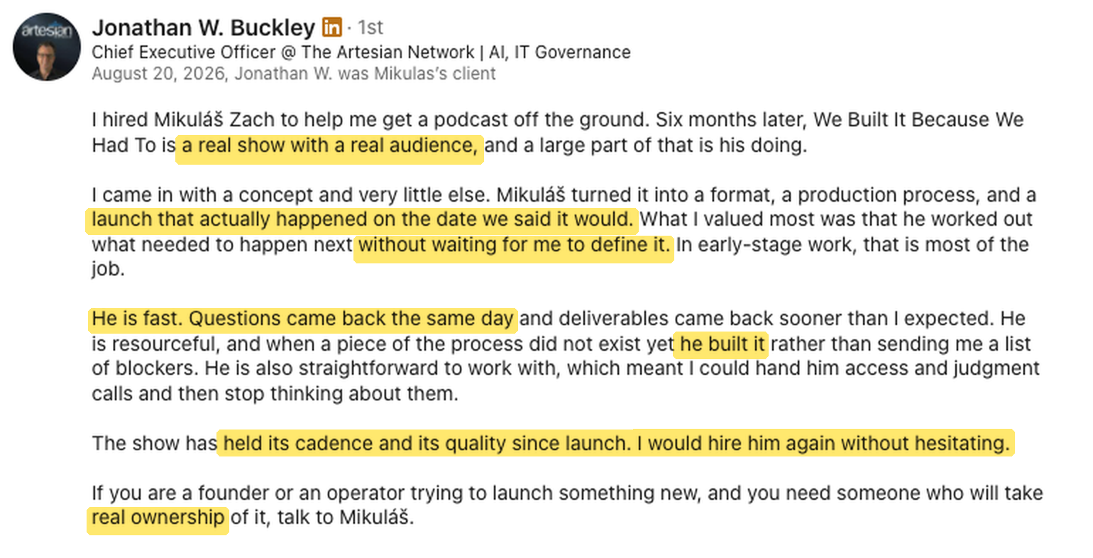 LinkedIn recommendation from Jonathan W. Buckley, Chief Executive Officer at The Artesian Network, 20 August 2026